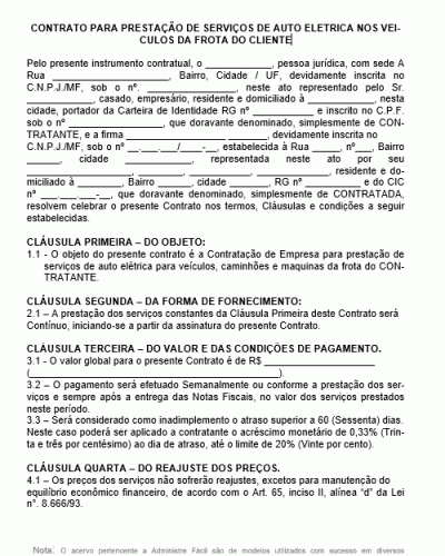 Modelo de Contrato Prestação Serviços de Auto Elétrica em Veículos