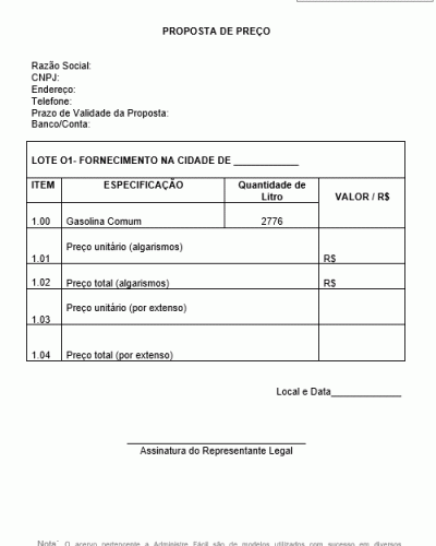 Modelo de Carta Apresentação de Proposta de Preço de Fornecimento de Combustível