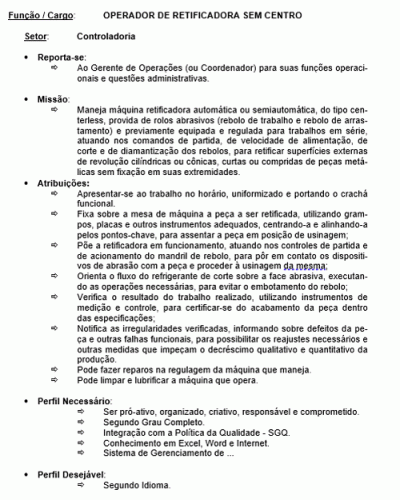 Modelo de Descrição de Cargo - Operador de Retificadora sem Centro