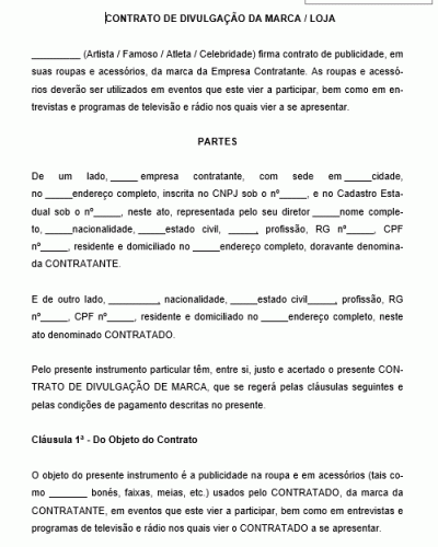 Modelo de Contrato para Divulgação de Marca Loja