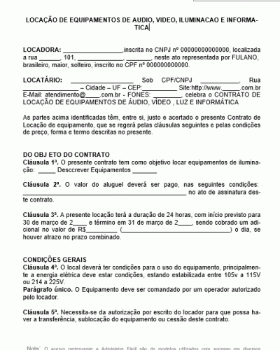 Modelo de Contrato de Locação de Equipamentos de Audio Video Iluminação Informática DJ