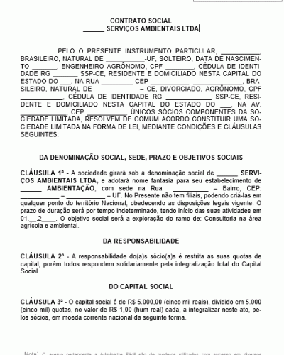 Modelo de Contrato Social Ambiental - Serviços de Consultoria Agrícola e Ambiental