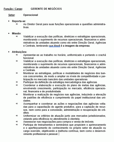 Modelo de Descrição de Cargo - Gerente de Negócios - Negociação