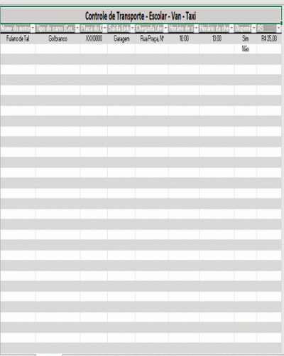 Modelo de Planilha de Controle de Transporte de Pessoas
