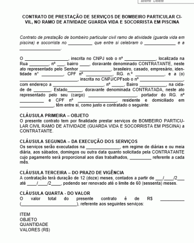 Modelo de Contrato de Prestação de Serviços de Guarda Vida - Bombeiro Particular Civil - Socorrista em Piscina