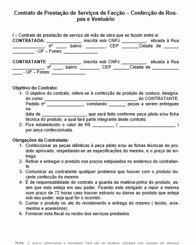 Modelo de Contrato de Prestação de Serviços de Facção – Confecção de Roupas e Vestuário