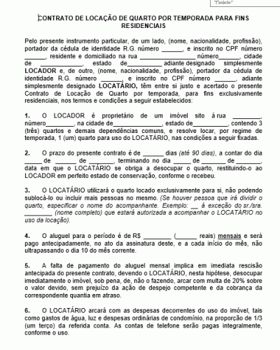 Modelo de Contrato de Locação de Quarto por Temporada - Pousadas Hotel Albergue Dormitório