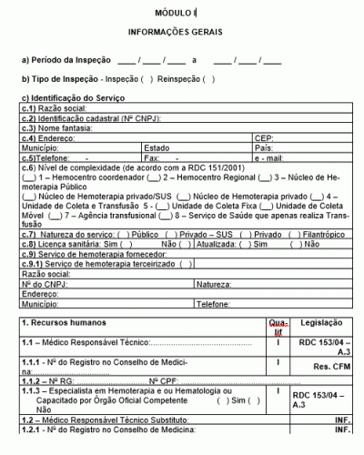 Modelo de Roteiro para Inspeção em Serviços de Hemoterapia