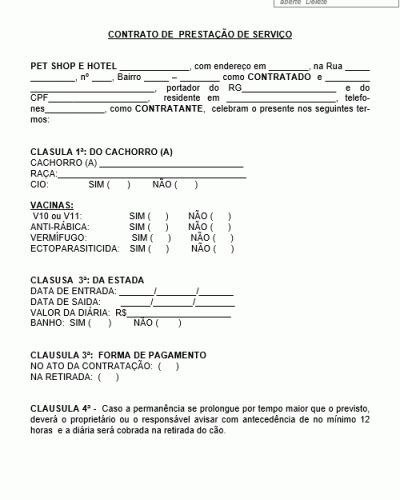 Modelo de Contrato Prestação de Serviços de Pet Shop - Hotel Banho e Tosa