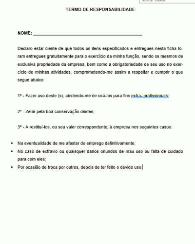 Modelo de Termo de Entrega e Responsabilidade de Equipamento de Trabalho