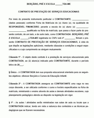 Modelo de Contrato de Prestação de Serviços de Creche Bercário