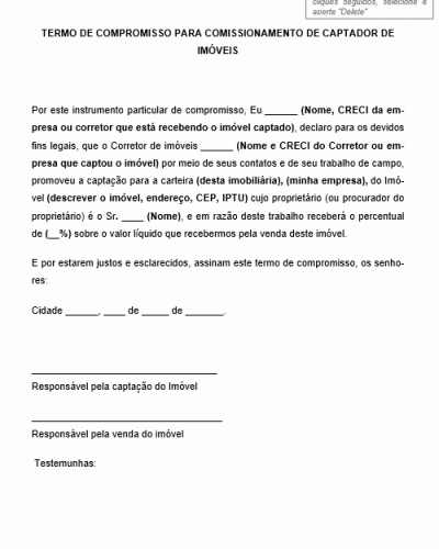 Modelo de Termo de Compromisso para Comissionamento de Captação de Imóvel