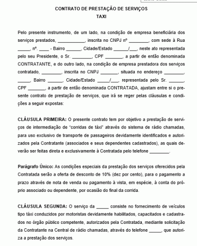 Modelo de Contrato de Prestação de Serviços de Taxista