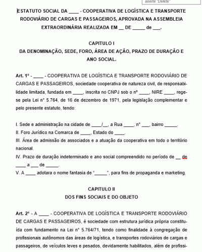 Modelo de Estatuto de Cooperativa Associação de Transporte Rodoviário