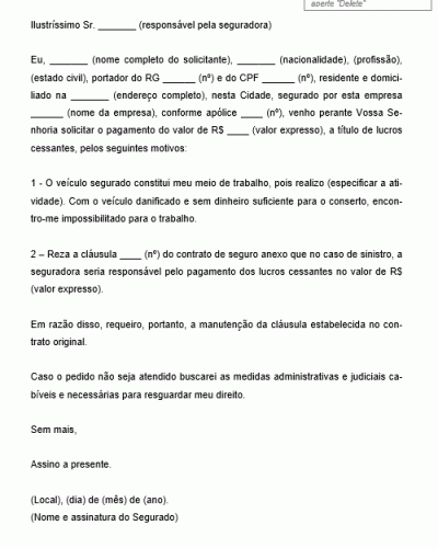 Modelo de Carta Solicitando Pagamento de Lucro Cessante