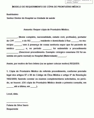 Modelo de Requerimento de Solicitação de Prontuário Médico