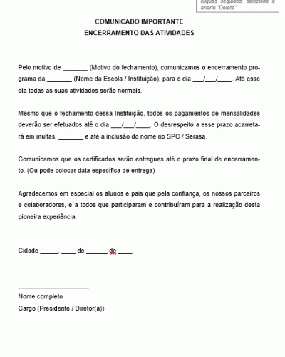 Modelo de Comunicado de Encerramento de Atividades de Escola Instituição de Ensino