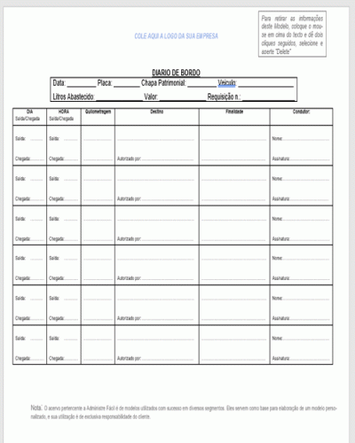 Modelo de Diário de Bordo de Motorista