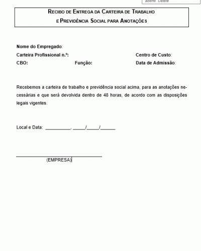 Modelo de Recibo de Entrega e Recebimento de CTPS