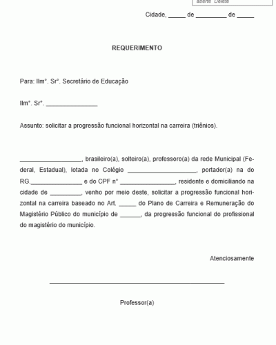 Modelo de Requerimento de Solicitação de Trienio Auxiliar de Administração Escolar