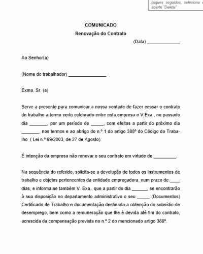 Modelo de Carta Comunicado sobre a Não Renovação do Contrato de Trabalho