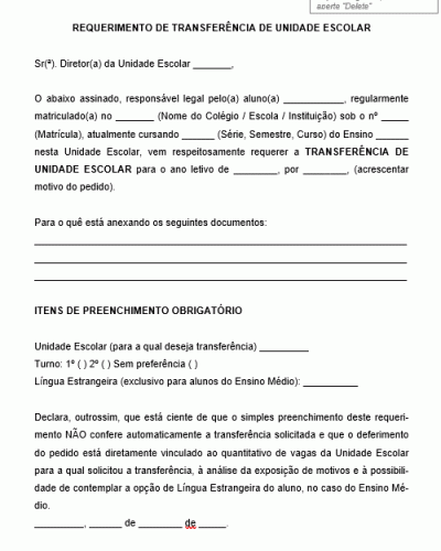 Modelo de Requerimento de Transferência Escolar