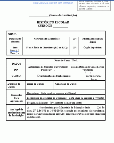 Modelo em Word de Histórico Escolar