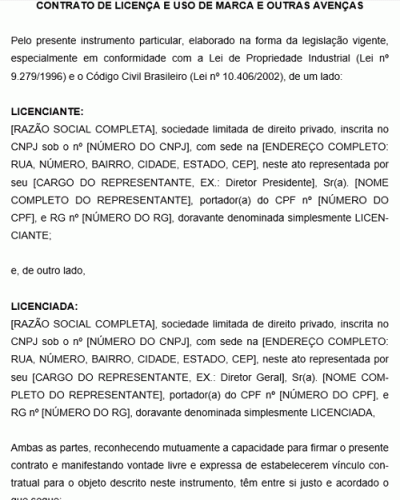 Modelo de Contrato de Uso da Marca e Avenças