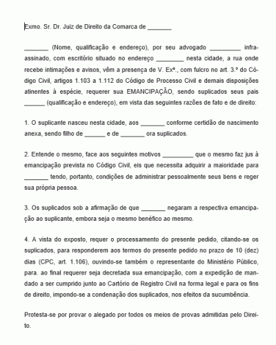 Modelo de Pedido Solicitação de Emancipação de Menor