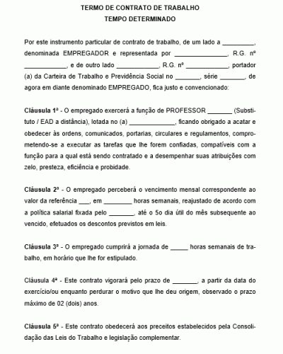 Modelo de Contrato de Trabalho de Professor por Tempo Determinado