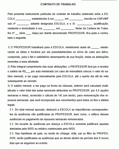 Modelo de Contrato de Trabalho de Professor por Tempo Indeterminado