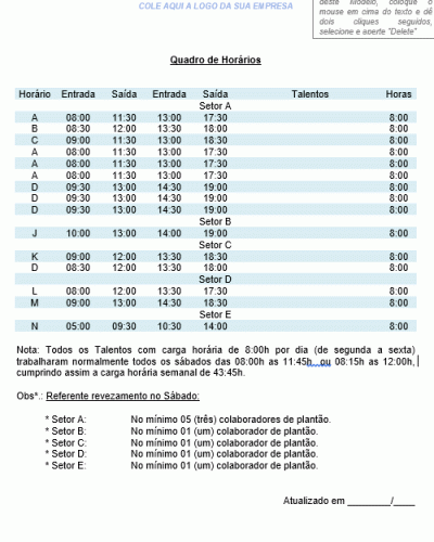 Modelo de Quadro de Horários organizado por Setor