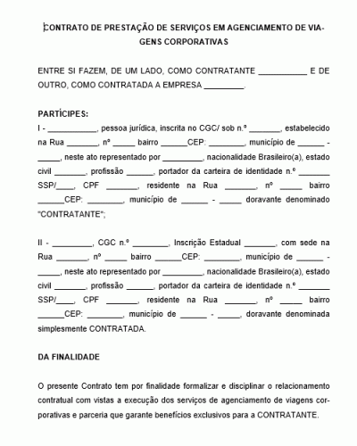 Modelo de Contrato de Prestação de Serviços de Agenciamento de Viagens Corporativas e Parceria