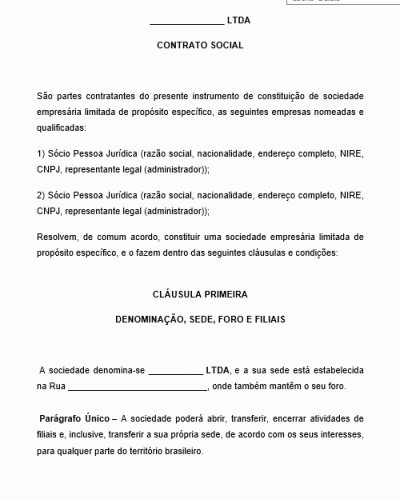 Modelo de Contrato Social de Sociedade de Propósito Específico SPE