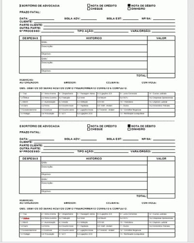 Modelo de Nota de Débito - Nota de Crédito - Cheque ou Dinheiro