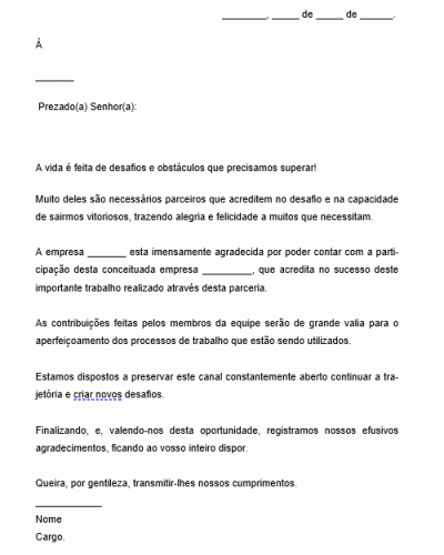 Modelo de Carta Ofício de Agradecimento pela Parceria