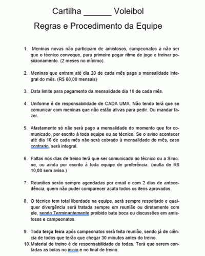 Modelo de Cartilha para Equipe de Voleibol - Regras e Procedimento da Equipe Time