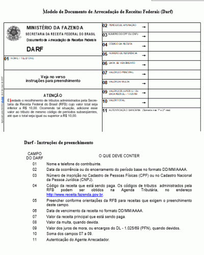 Modelo de Documento de Arrecadação de Receitas Federais - IRRF Darf 