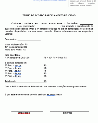 Modelo de Termo Acordo para Parcelamento de RCT Rescisão