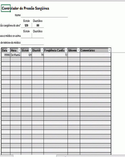 Modelo de Planilha de Controle de Pressão Arterial Sanguínea