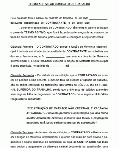 Modelo de Termo Aditivo Contrato de Trabalho - Funcionário - Salário Substituto