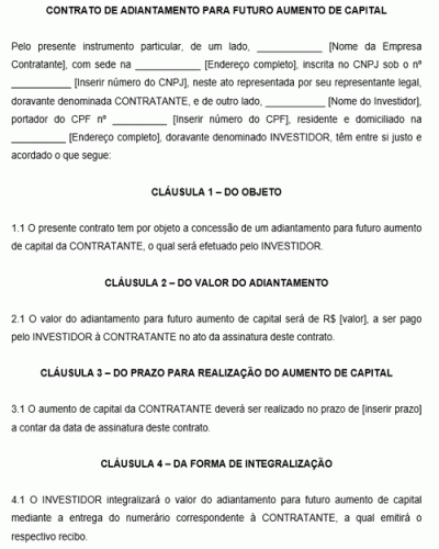 Modelo de Contrato de Adiantamento para Futuro Aumento de Capital