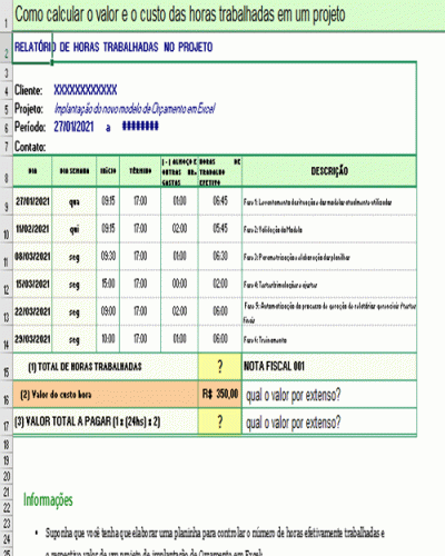 Modelo de Planilha Calculo Valor e Custo das Horas Trabalhadas em um Projeto