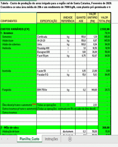 Modelo de Planilha de Calculo do Custo de Produção Agrícola - Agricultura Arroz 