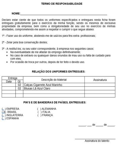 Modelo de Termo Entrega e Responsabilidade de Uniformes