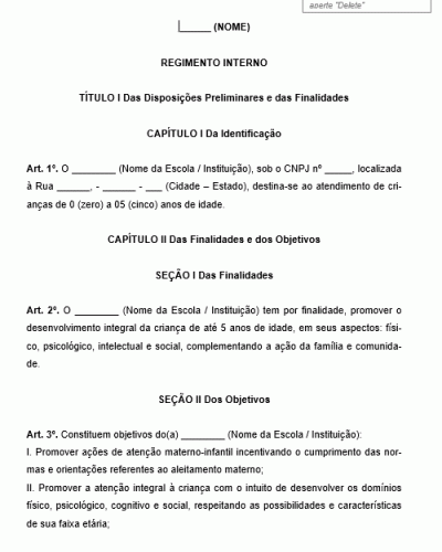 Modelo de Regimento Regulamento Interno para Creche Jardim Infantil