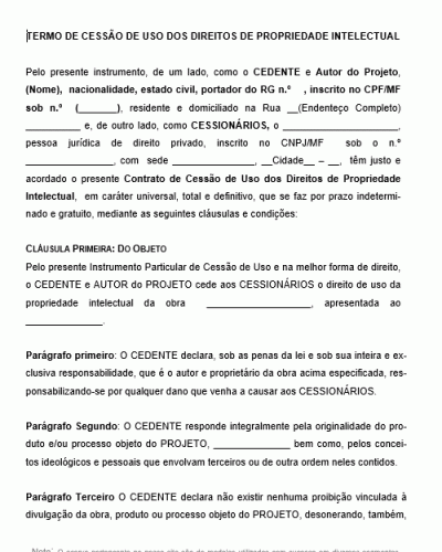 Modelo de Termo de Cessão de Uso dos Direitos de Propriedade Intelectual