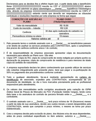 Referência Para Um Termo De Responsabilidade Para Plano Dental Pacote