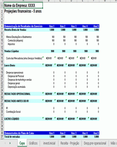 Modelo de Planilha para Cálculo Valuation Endeavor - Projeções Financeiras - Calcular Valor da Sua Empresa Negócio