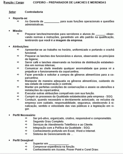 Modelo de Descrição de Cargo - Copeiro - Preparador de Lanches e Merendas